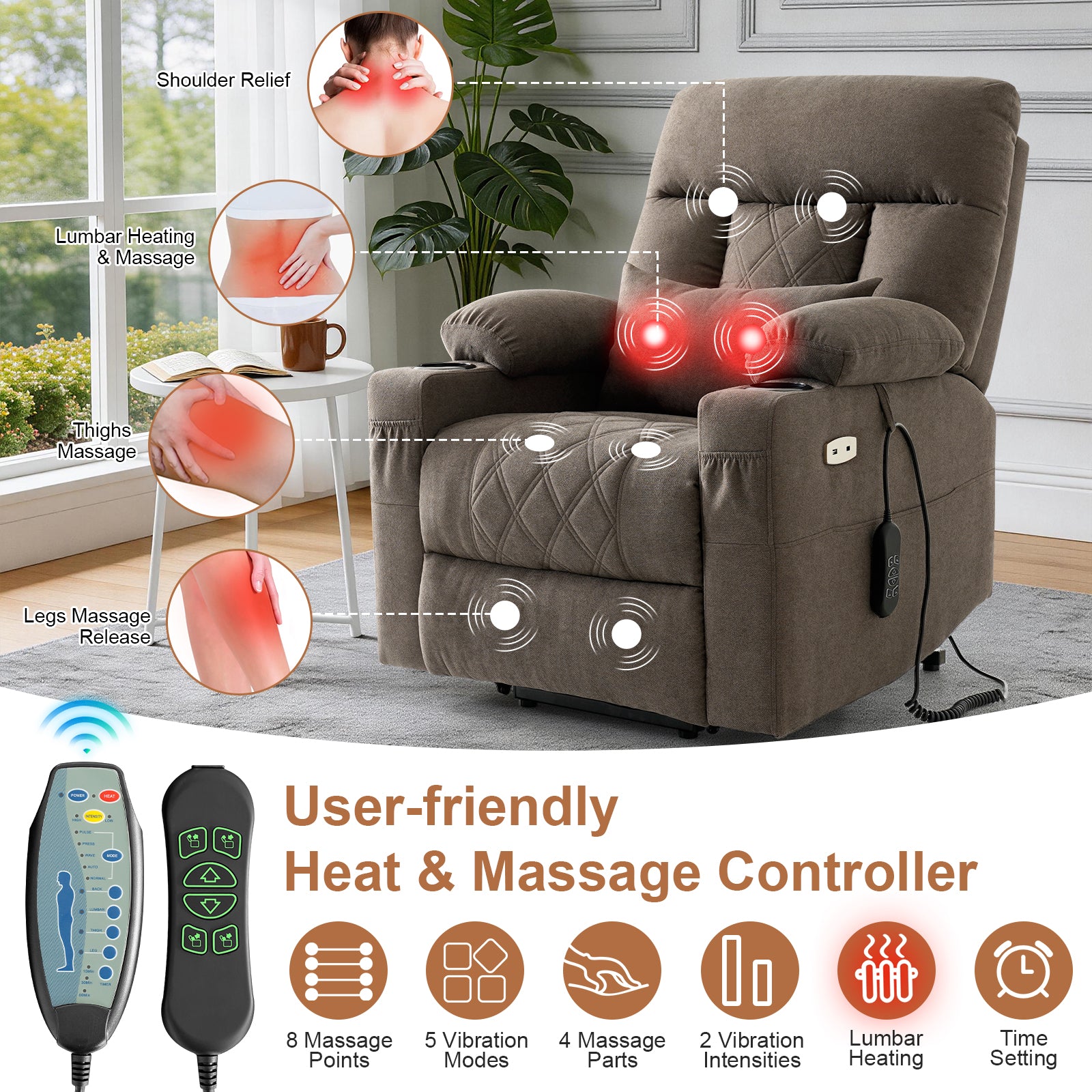 TEKAMON Power Lift Recliner Chair for Elderly - Adjustable Headrest, Three Motor, Infinite Positions, Built-in Massage and Heating, USB Ports, Cup Holders - Brown