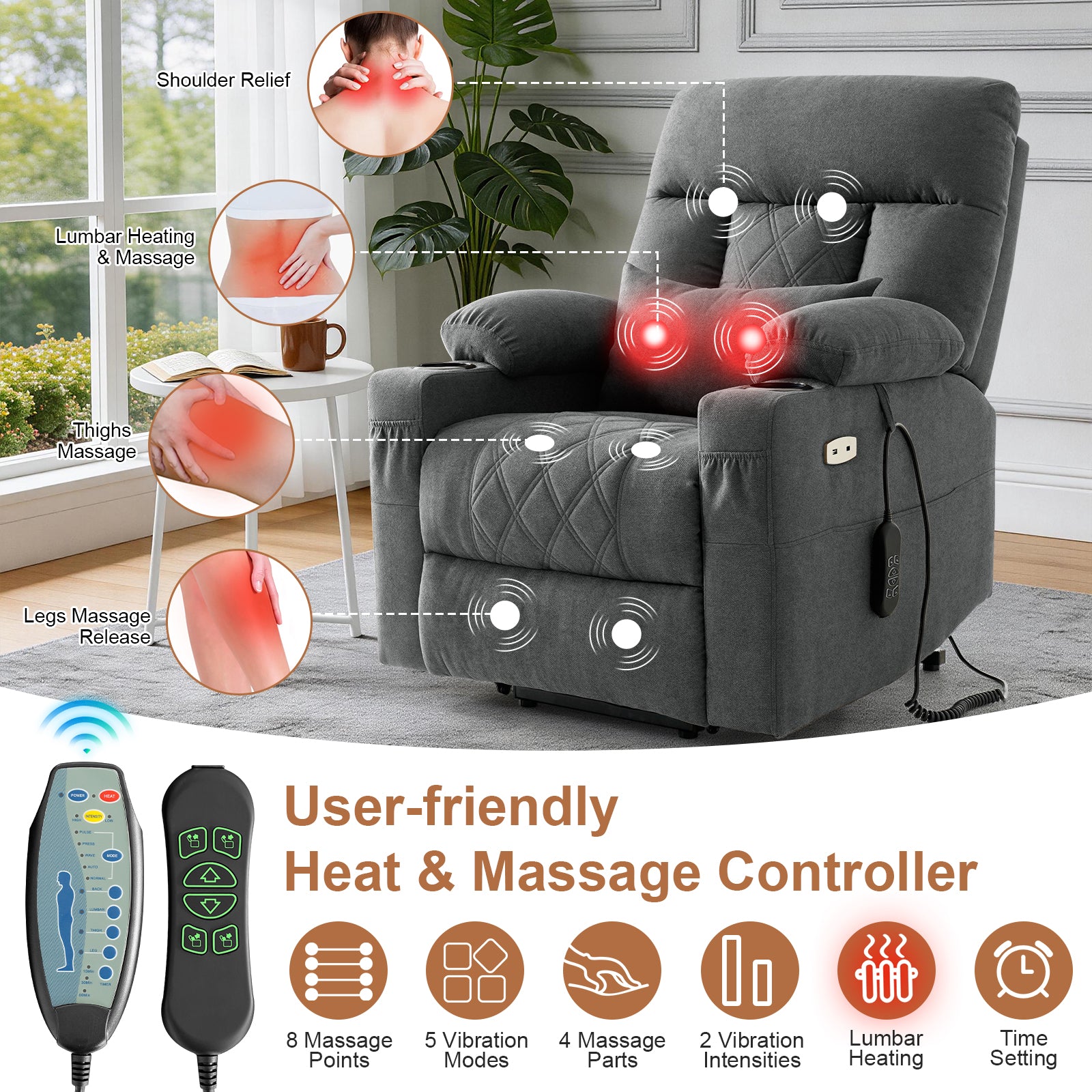 Click to see full view      4+  3 VIDEOS BEDHOURS Tri-Motor Power Lift Recliner Chair for Elderly, Zero Gravity Infinite Position Lay Flat Lift Chair w/Adjustable Headrest & Lumbar, Vibration Massage & Heat, Cup Holders