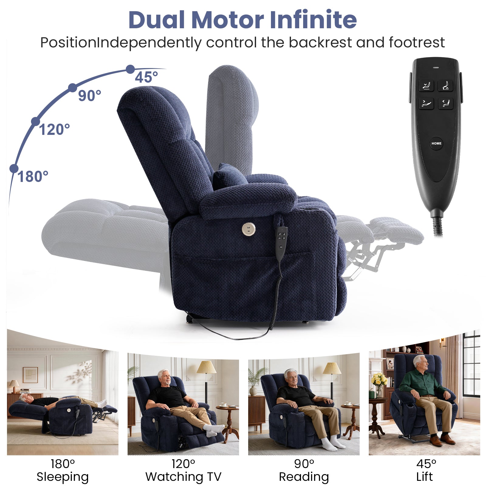 Dual Motor Power Lift Recliner Chair for Elderly – Oversized Lay‑Flat Design with Infinite Position, Massage & Heat, Cup Holders, Lumbar Pillow, One‑Touch Reset, and USB/Type‑C Charging Fabric,Blue