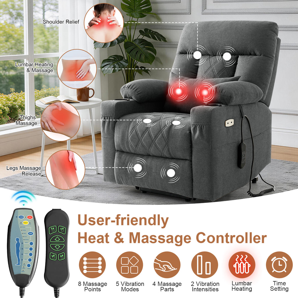 TEKAMON Power Lift Recliner Chair for Elderly - Adjustable Headrest, Three Motor, Infinite Positions, Built-in Massage and Heating, USB Ports, Cup Holders - Dark Grey