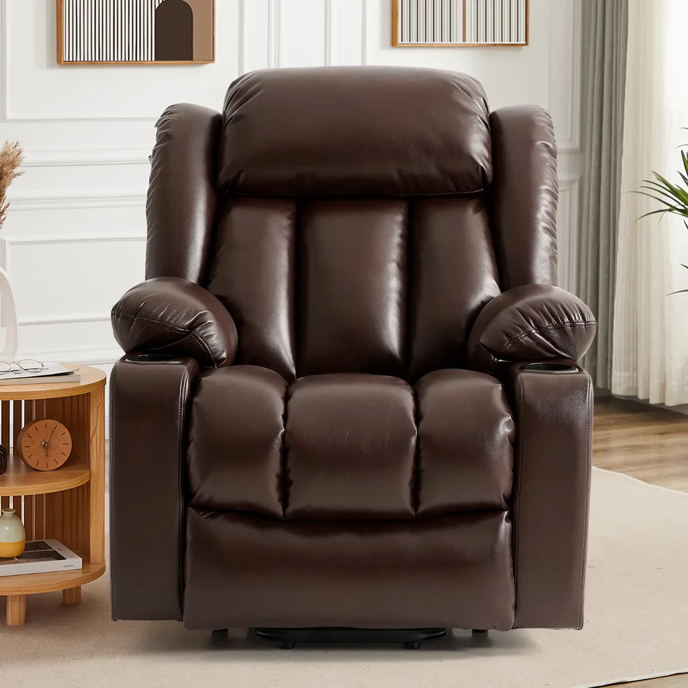 TEKAMON Infinite Position Lift Recliner Chair for Elderly with Heat Massage and Extended Footrest Lay Flat Sleeping Leather Dual Motor Power Lift Chair for Living Room (Brown)