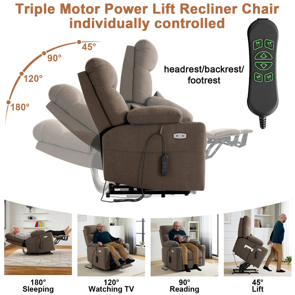 TEKAMON Power Lift Recliner Chair for Elderly - Adjustable Headrest, Three Motor, Infinite Positions, Built-in Massage and Heating, USB Ports, Cup Holders - Brown