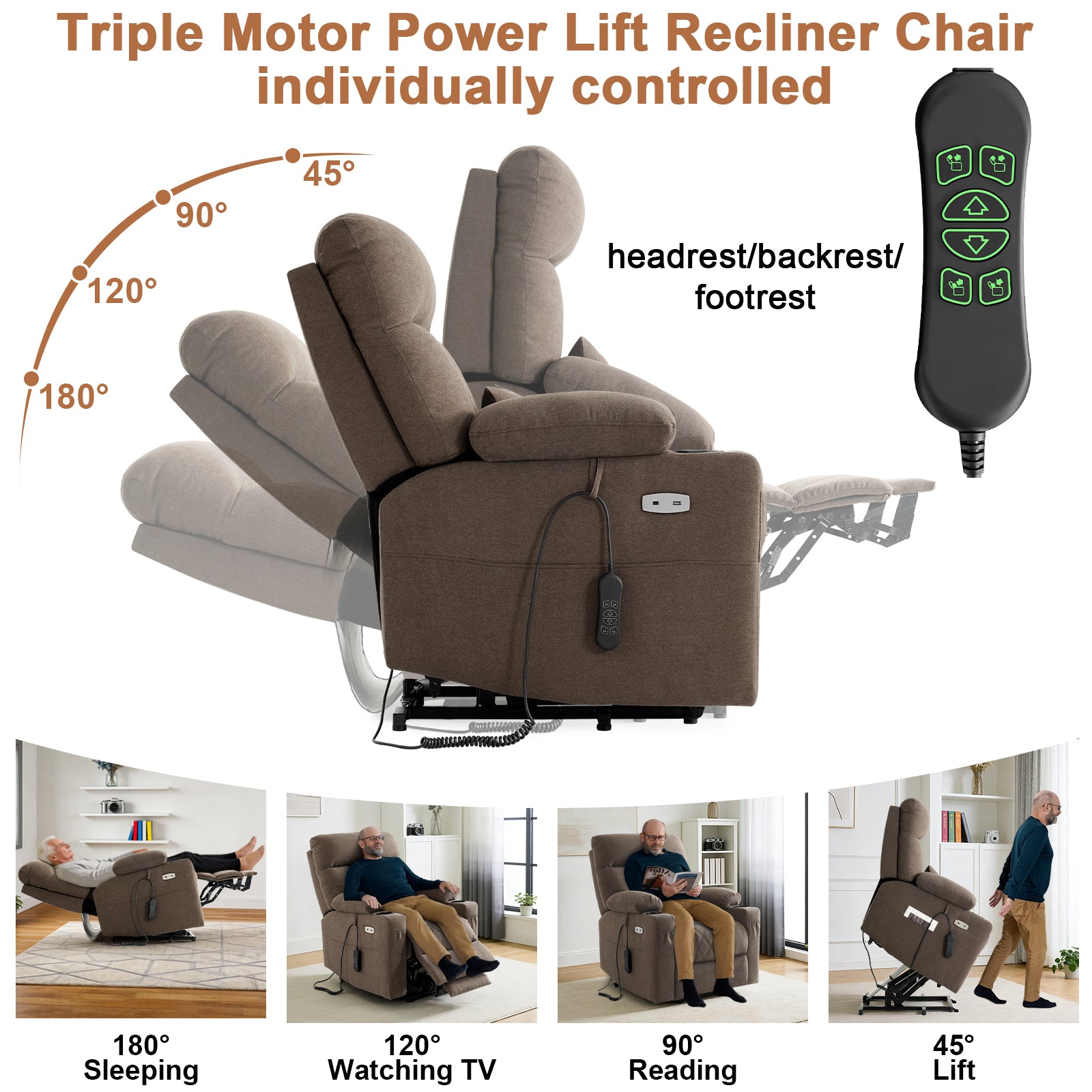 TEKAMON Power Lift Recliner Chair for Elderly - Adjustable Headrest, Three Motor, Infinite Positions, Built-in Massage and Heating, USB Ports, Cup Holders - Brown