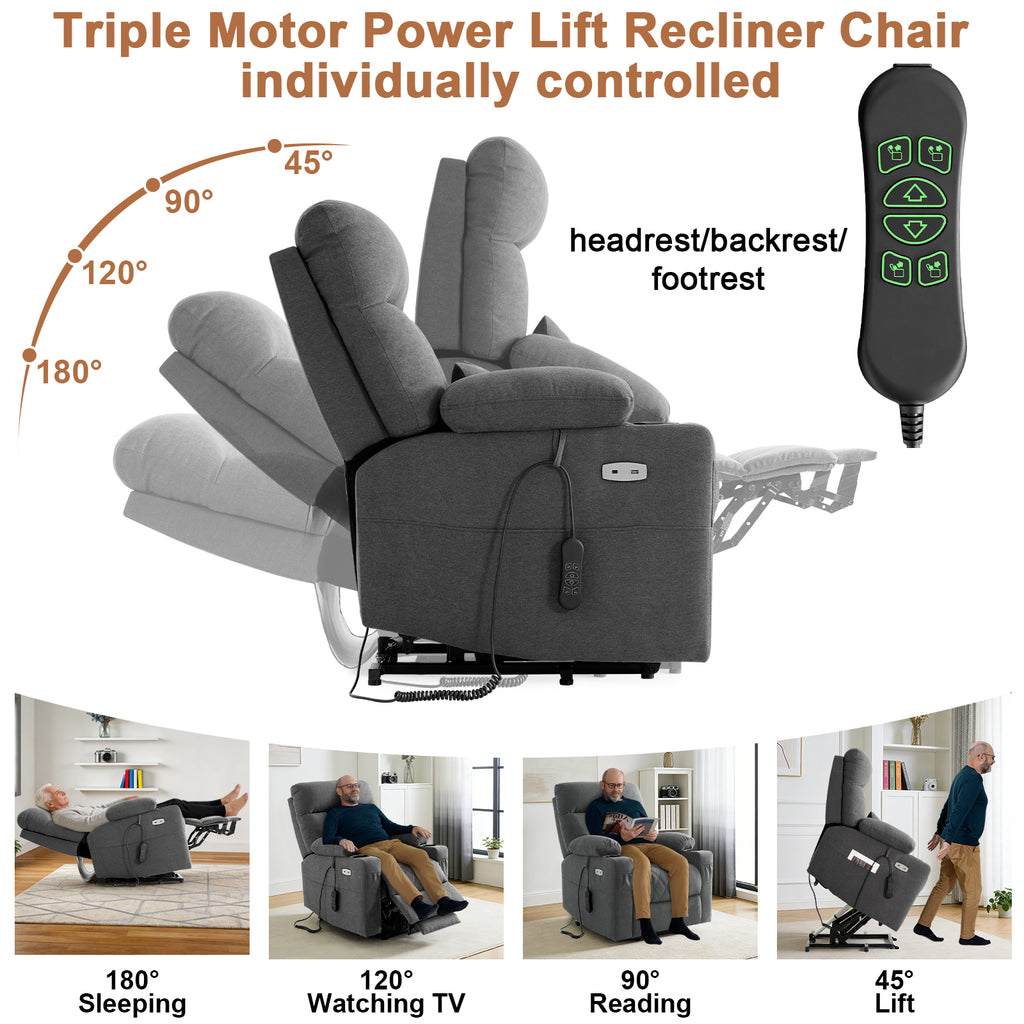 Click to see full view      4+  3 VIDEOS BEDHOURS Tri-Motor Power Lift Recliner Chair for Elderly, Zero Gravity Infinite Position Lay Flat Lift Chair w/Adjustable Headrest & Lumbar, Vibration Massage & Heat, Cup Holders