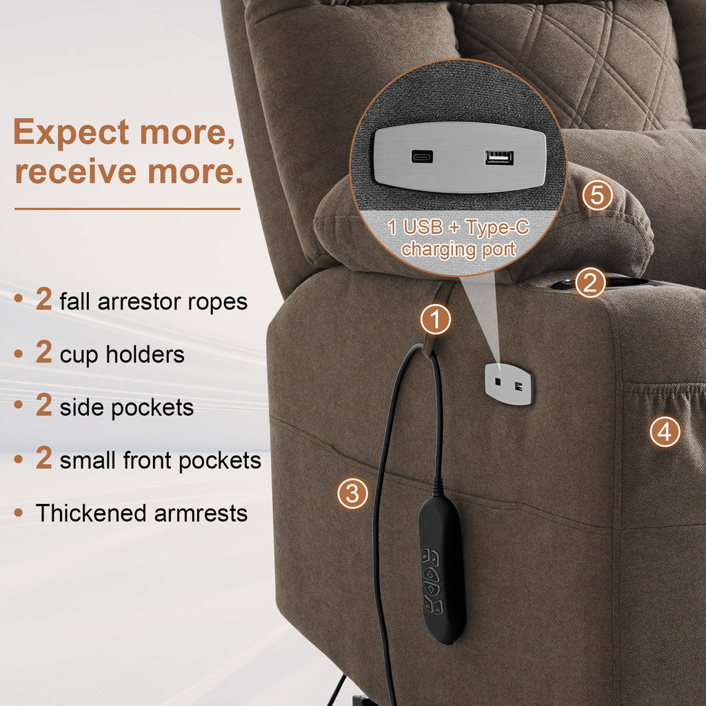 TEKAMON Power Lift Recliner Chair for Elderly - Adjustable Headrest, Three Motor, Infinite Positions, Built-in Massage and Heating, USB Ports, Cup Holders - Brown