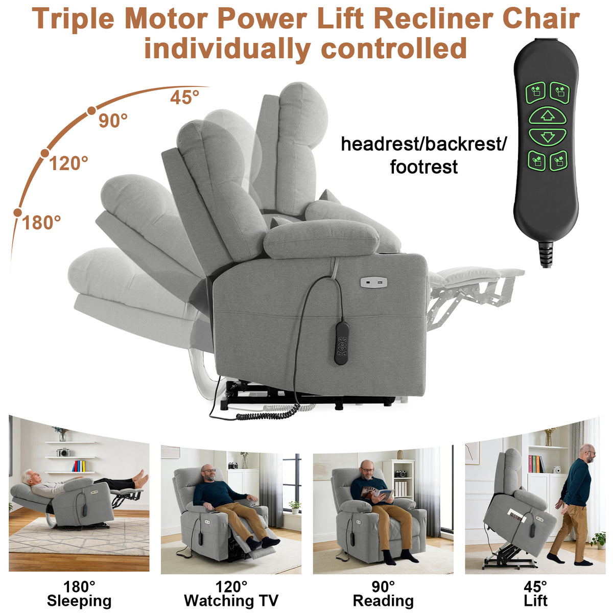 TEKAMON Power Lift Recliner Chair for Elderly - Adjustable Headrest, Three Motor, Infinite Positions, Built-in Massage and Heating, USB Ports, Cup Holders - Greige