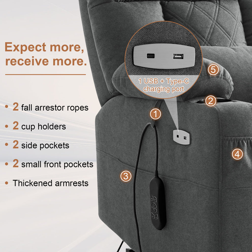 TEKAMON Power Lift Recliner Chair for Elderly - Adjustable Headrest, Three Motor, Infinite Positions, Built-in Massage and Heating, USB Ports, Cup Holders - Dark Grey