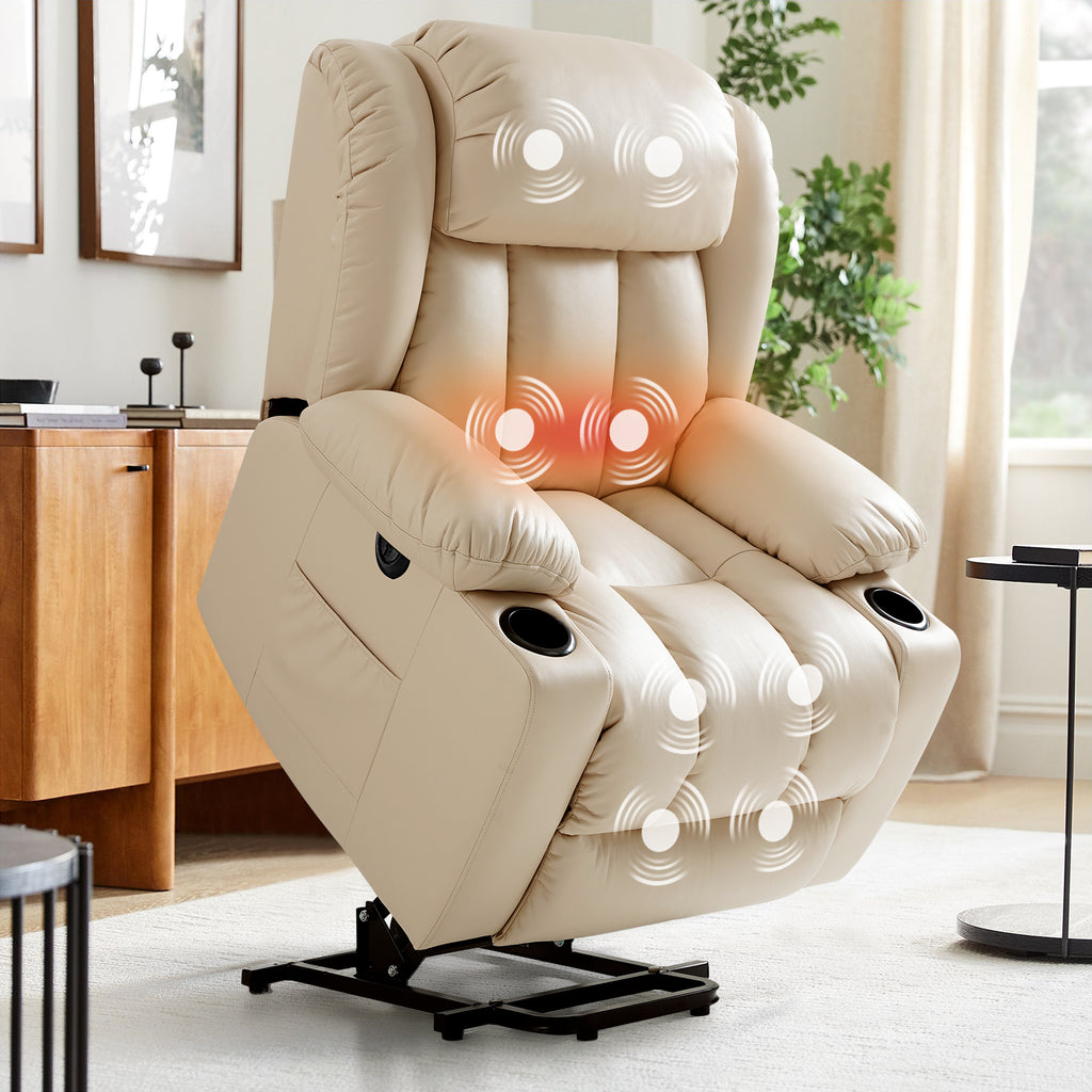 TEKAMON Large Power Lift Recliner Chair for Elderly with Heat and Massage Leather Electric Recliners Chair For Living Room with Cup Holders, Remote Control (Beige)