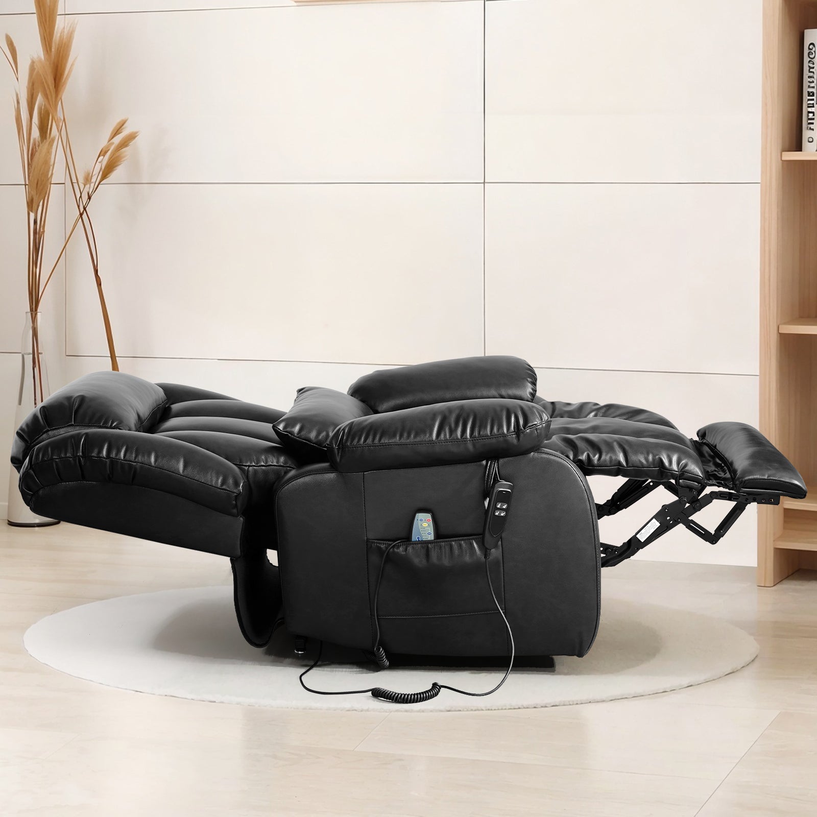 TEKAMON Infinite Position Lift Recliner Chair for Elderly with Heat Massage and Extended Footrest Lay Flat Sleeping Leather Dual Motor Power Lift Chair for Living Room (Black)
