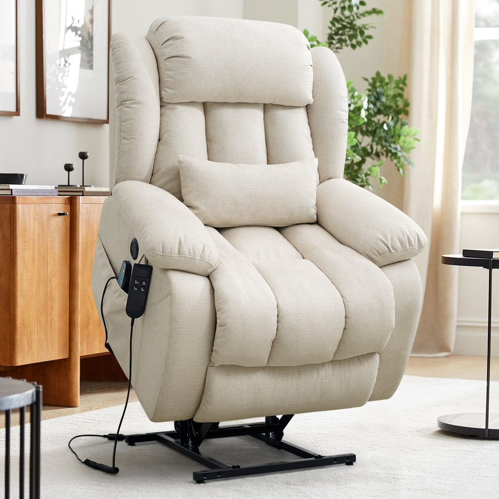 TEKAMON Infinite Position Lift Recliner Chair for Elderly with Heat and Massage Lay Flat Sleeping Power Lift Chair, Linen Fabric, Beige