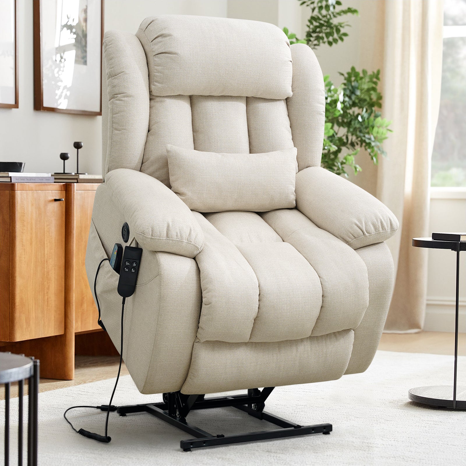 TEKAMON Infinite Position Lift Recliner Chair for Elderly with Heat and Massage Lay Flat Sleeping Power Lift Chair, Linen Fabric, Beige