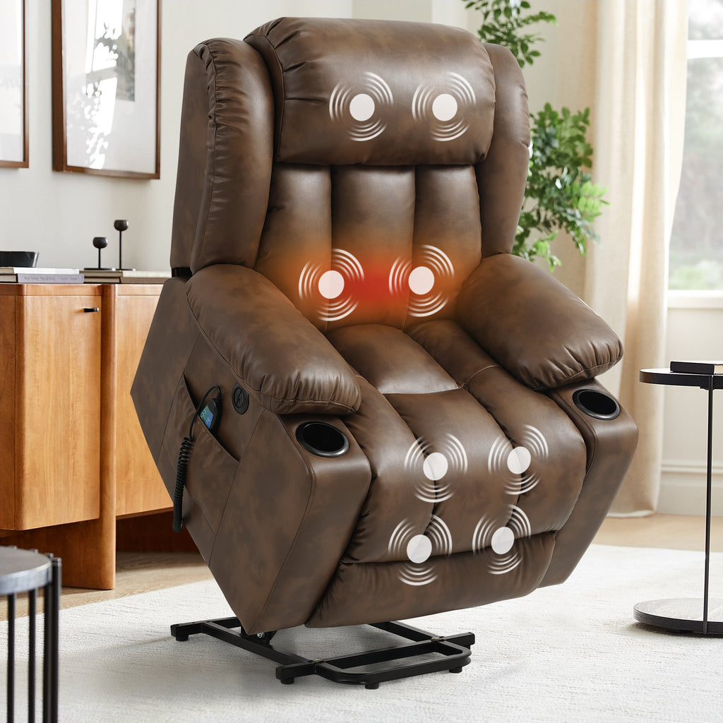 TEKAMON Infinite Position Lift Recliner Chair for Elderly with Heat Massage and Extended Footrest Lay Flat Sleeping Leather Dual Motor Power Lift Chair for Living Room (Brown)