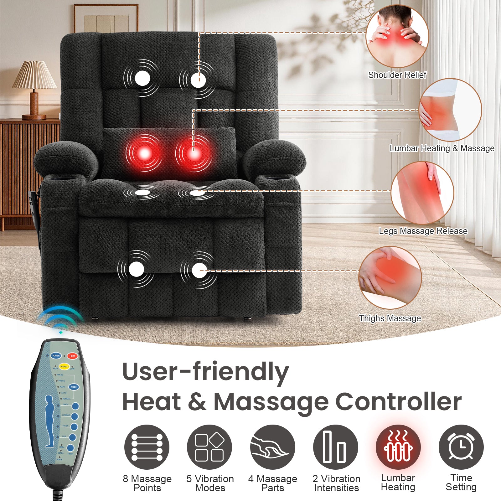 Dual Motor Power Lift Recliner Chair for Elderly – Oversized Lay‑Flat Design with Infinite Position, Massage & Heat, Cup Holders, Lumbar Pillow, One‑Touch Reset, and USB/Type‑C Charging Fabric,Grey（副本）