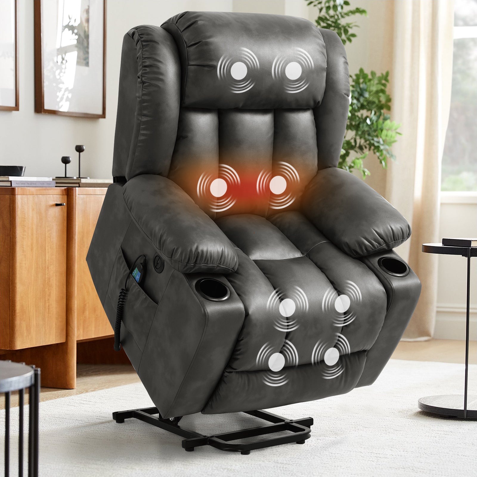 TEKAMON Large Power Lift Recliner Chair for Elderly with Heat and Massage Leather Electric Recliners Chair For Living Room with Cup Holders, Remote Control（gray）