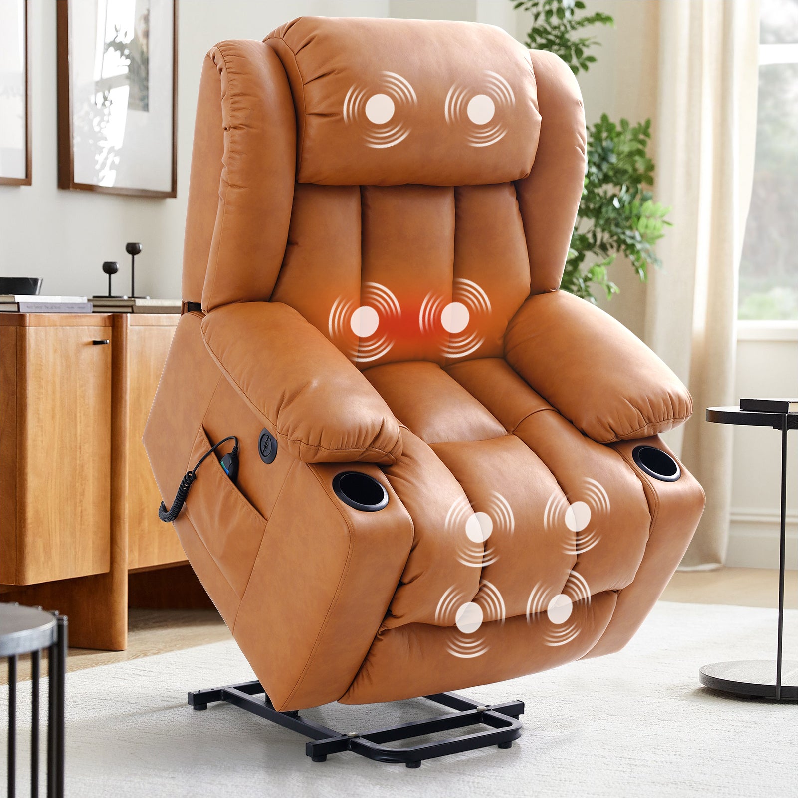 TEKAMON Infinite Position Lift Recliner Chair for Elderly with Heat Massage and Extended Footrest Lay Flat Sleeping Leather Dual Motor Power Lift Chair for Living Room (orange)