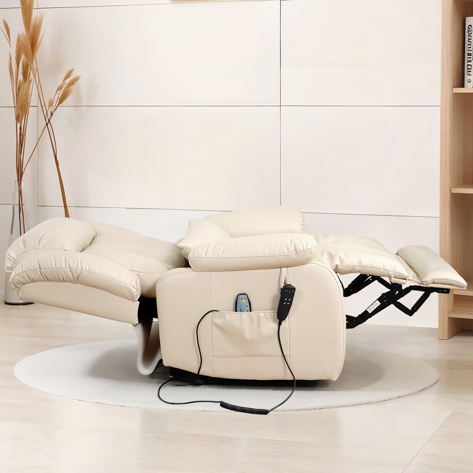 TEKAMON Infinite Position Lift Recliner Chair for Elderly with Heat Massage and Extended Footrest Lay Flat Sleeping Leather Dual Motor Power Lift Chair for Living Room (Beige)