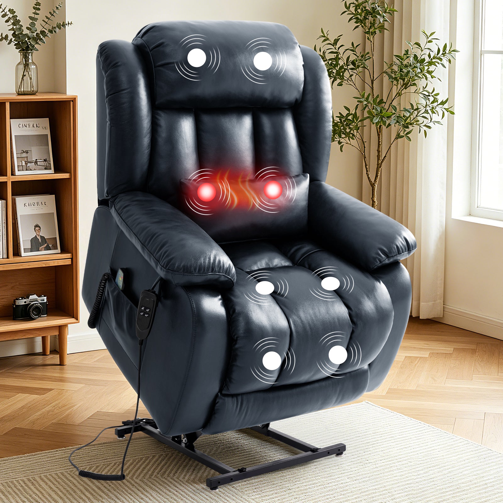 TEKAMON Infinite Position Lift Recliner Chair for Elderly with Heat Massage and Extended Footrest Lay Flat Sleeping Leather Dual Motor Power Lift Chair for Living Room (Blue)