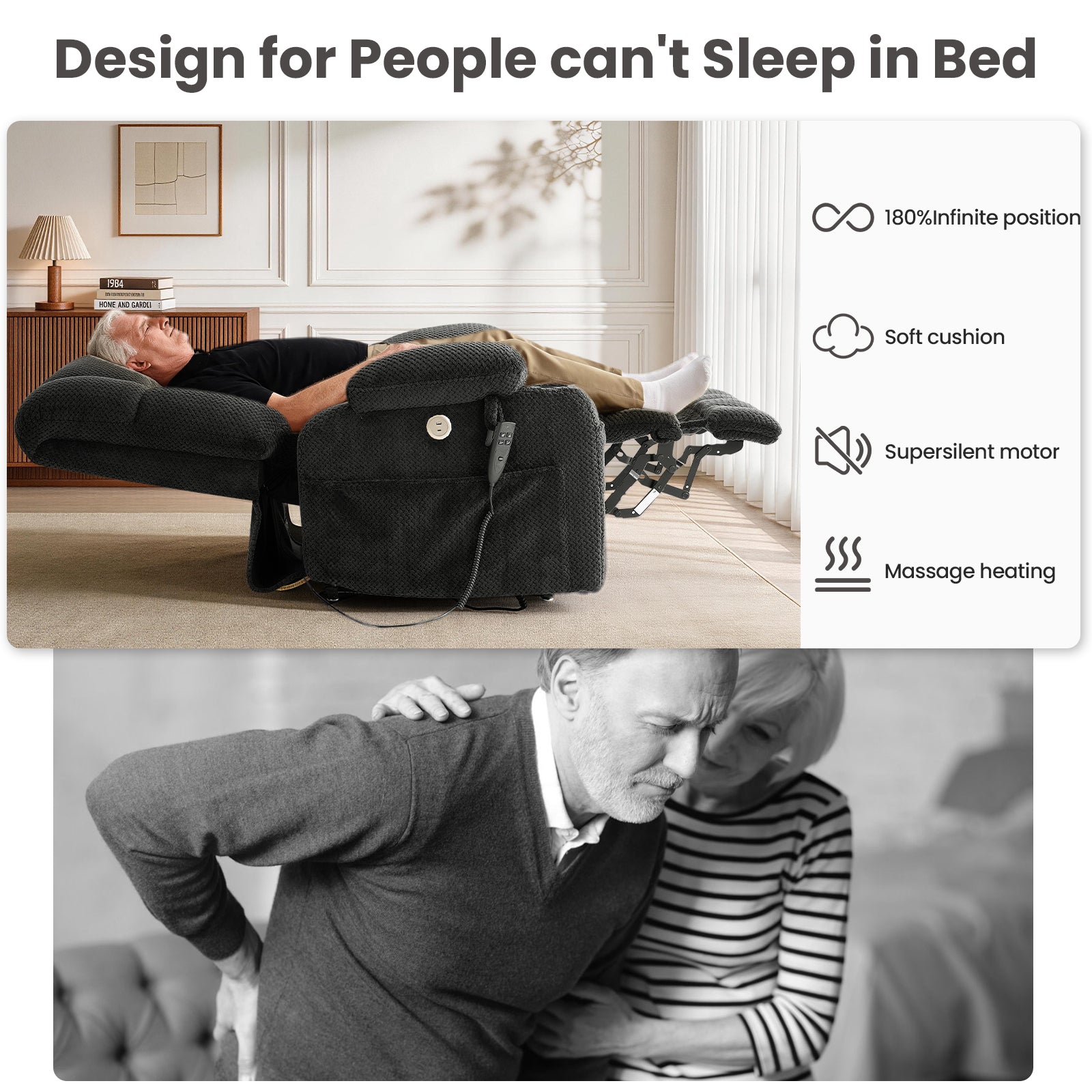 Dual Motor Power Lift Recliner Chair for Elderly – Oversized Lay‑Flat Design with Infinite Position, Massage & Heat, Cup Holders, Lumbar Pillow, One‑Touch Reset, and USB/Type‑C Charging Fabric,Grey（副本）