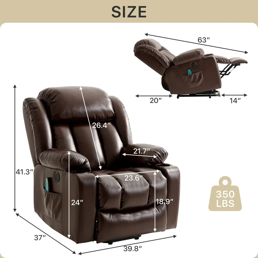 TEKAMON Infinite Position Lift Recliner Chair for Elderly with Heat Massage and Extended Footrest Lay Flat Sleeping Leather Dual Motor Power Lift Chair for Living Room (Brown)