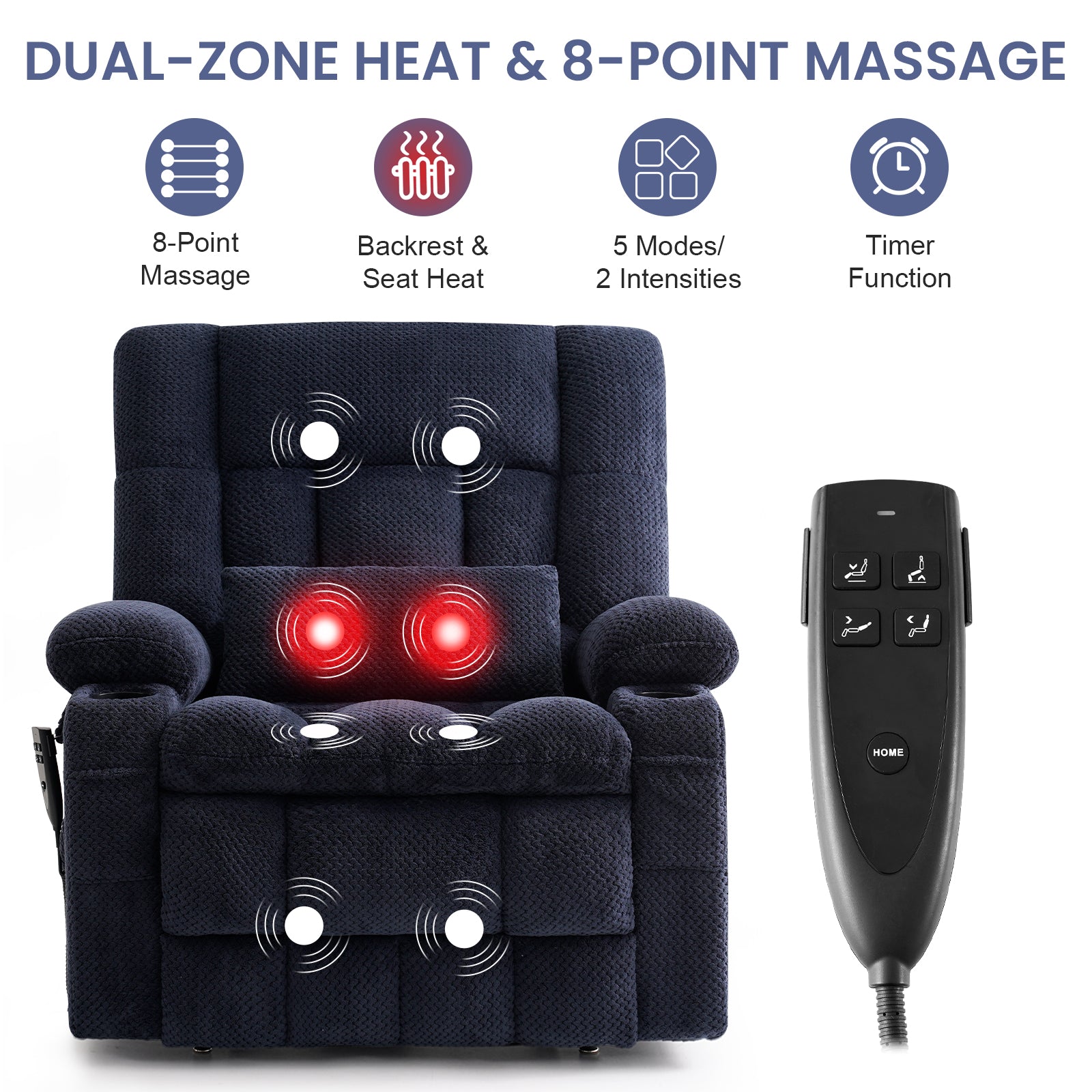 Dual Motor Power Lift Recliner Chair for Elderly – Oversized Lay‑Flat Design with Infinite Position, Massage & Heat, Cup Holders, Lumbar Pillow, One‑Touch Reset, and USB/Type‑C Charging Fabric,Blue