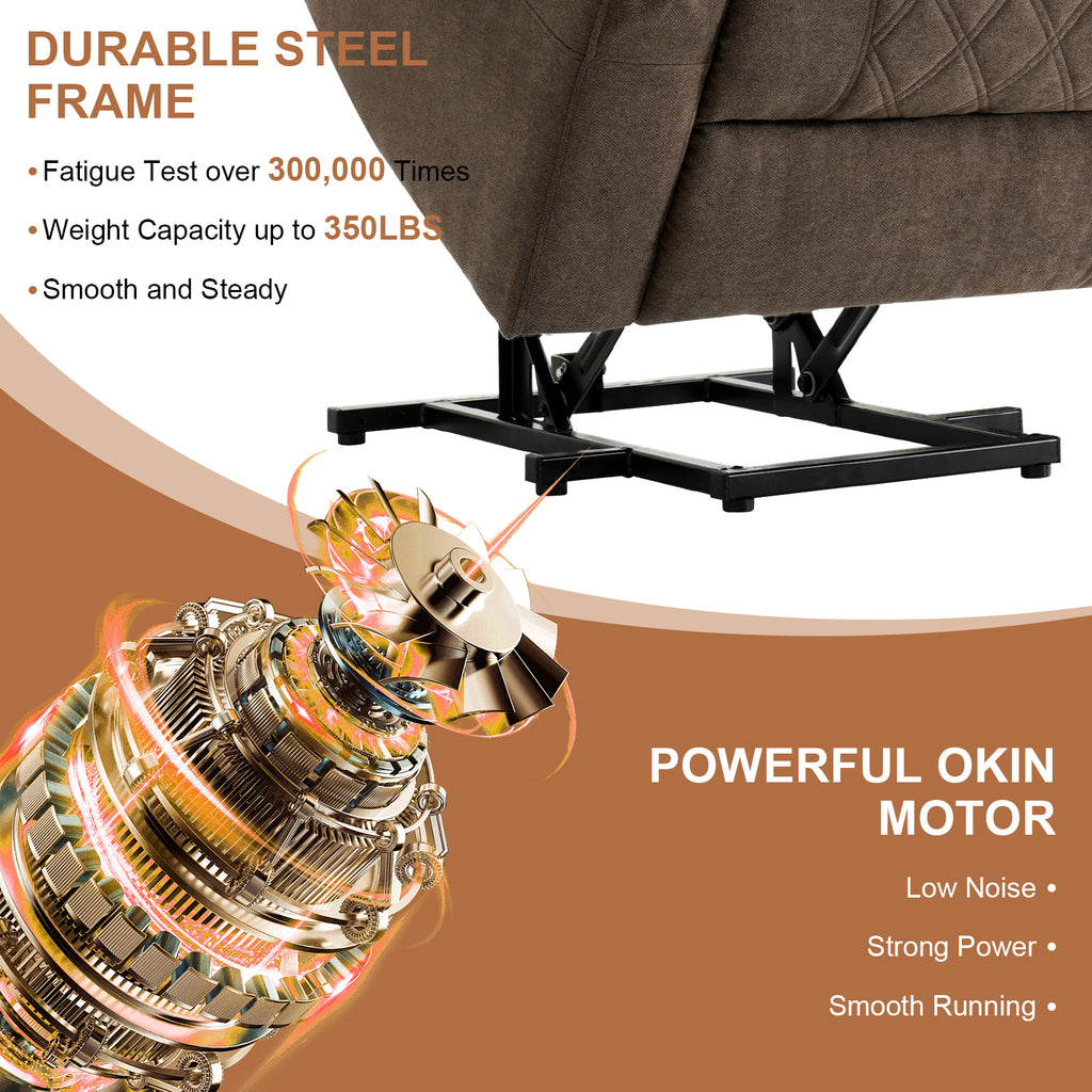 TEKAMON Power Lift Recliner Chair for Elderly - Adjustable Headrest, Three Motor, Infinite Positions, Built-in Massage and Heating, USB Ports, Cup Holders - Brown