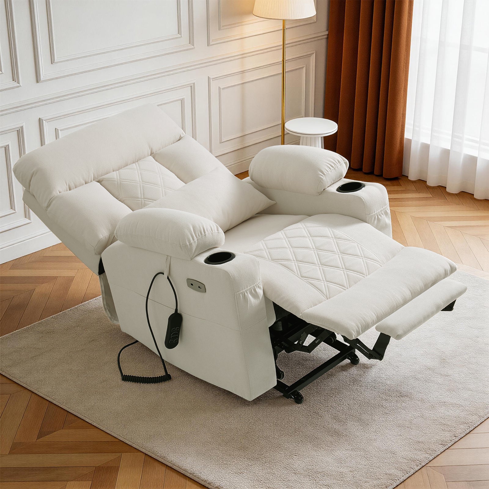 TEKAMON Power Lift Recliner Chair for Elderly - Adjustable Headrest, Three Motor, Infinite Positions, Built-in Massage and Heating, USB Ports, Cup Holders -Ivory Rice