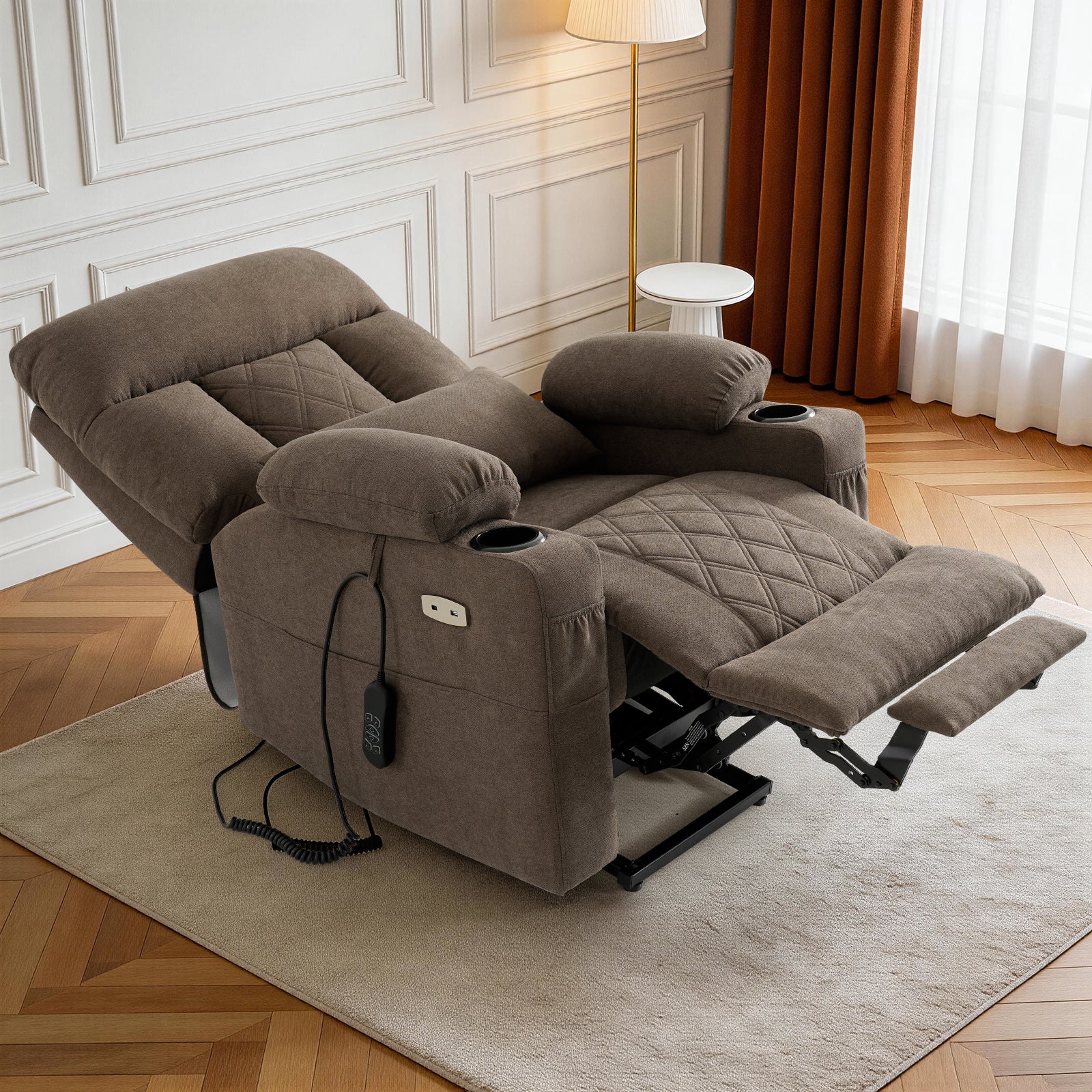 TEKAMON Power Lift Recliner Chair for Elderly - Adjustable Headrest, Three Motor, Infinite Positions, Built-in Massage and Heating, USB Ports, Cup Holders - Brown