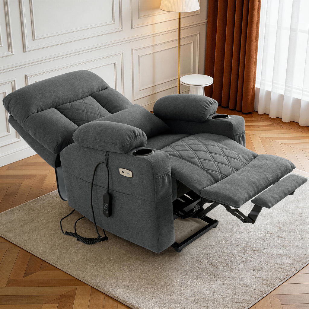 TEKAMON Power Lift Recliner Chair for Elderly - Adjustable Headrest, Three Motor, Infinite Positions, Built-in Massage and Heating, USB Ports, Cup Holders - Dark Grey