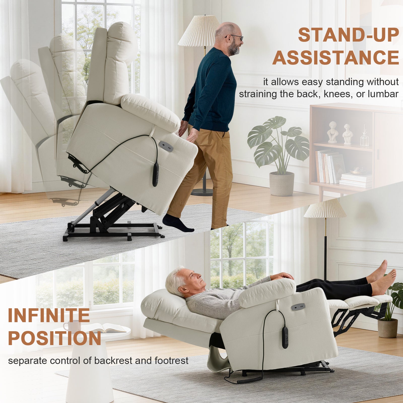 TEKAMON Power Lift Recliner Chair for Elderly - Adjustable Headrest, Three Motor, Infinite Positions, Built-in Massage and Heating, USB Ports, Cup Holders -Ivory Rice