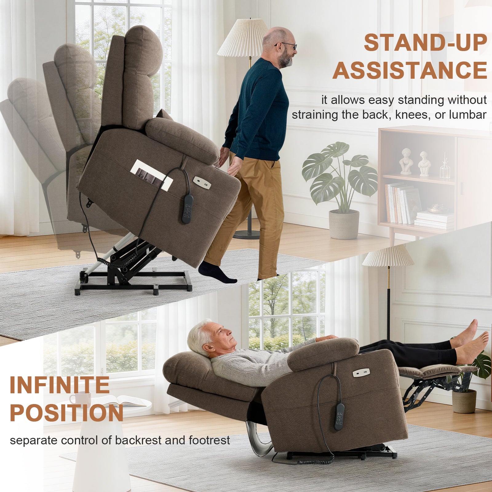 TEKAMON Power Lift Recliner Chair for Elderly - Adjustable Headrest, Three Motor, Infinite Positions, Built-in Massage and Heating, USB Ports, Cup Holders - Brown