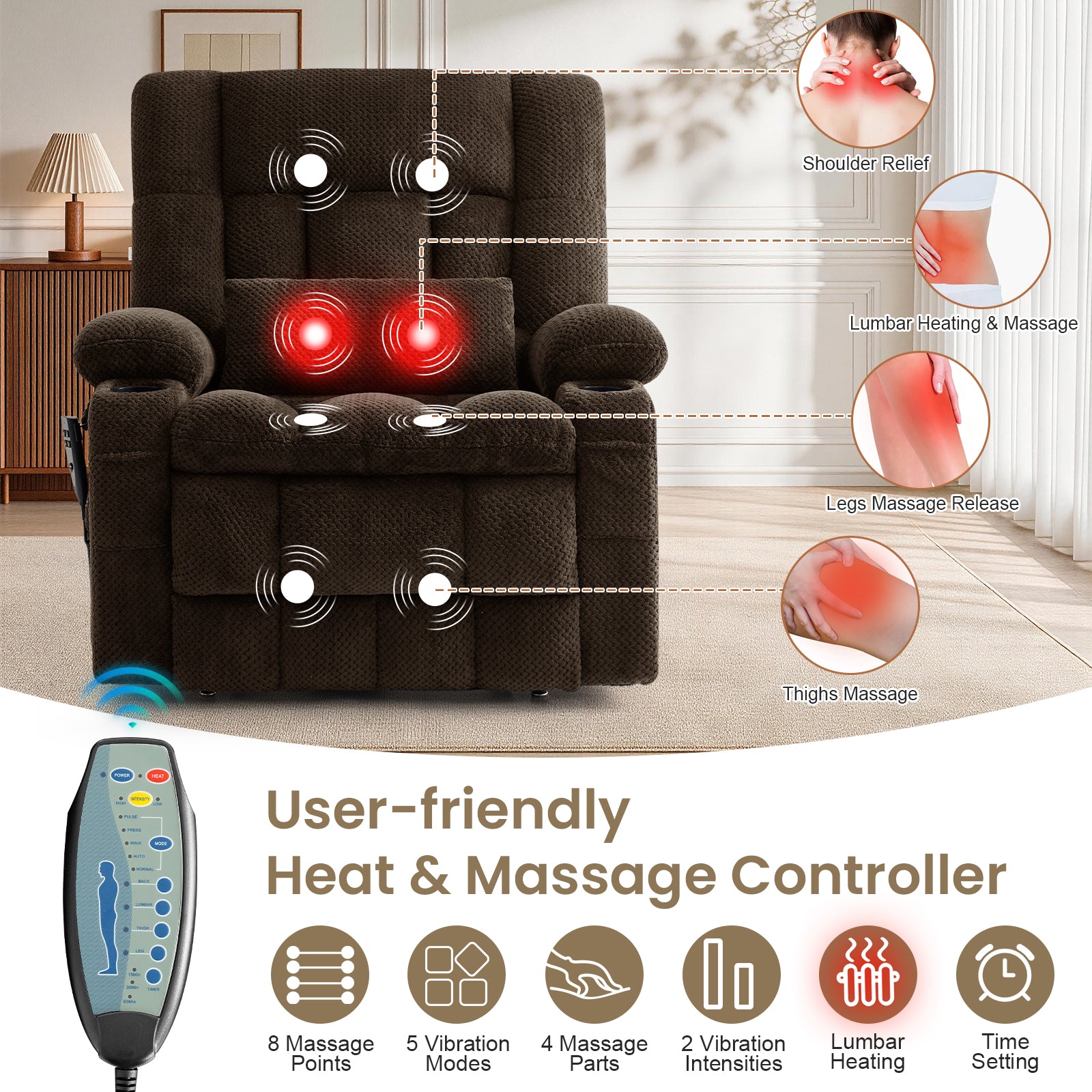 Dual Motor Power Lift Recliner Chair for Elderly – Oversized Lay‑Flat Design with Infinite Position, Massage & Heat, Cup Holders, Lumbar Pillow, One‑Touch Reset, and USB/Type‑C Charging Fabric,brown