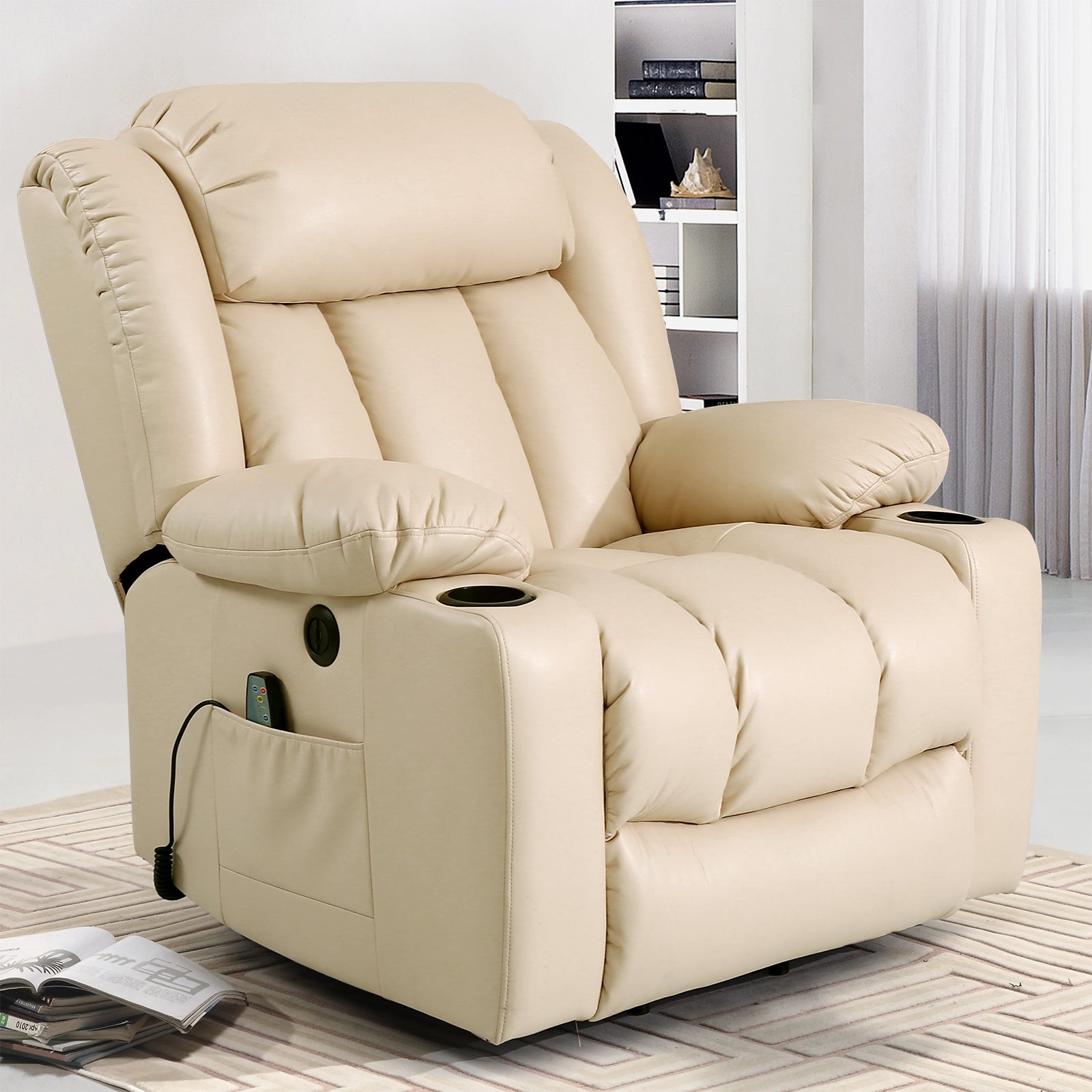 TEKAMON Large Power Lift Recliner Chair for Elderly with Heat and Massage Leather Electric Recliners Chair For Living Room with Cup Holders, Remote Control (Beige)