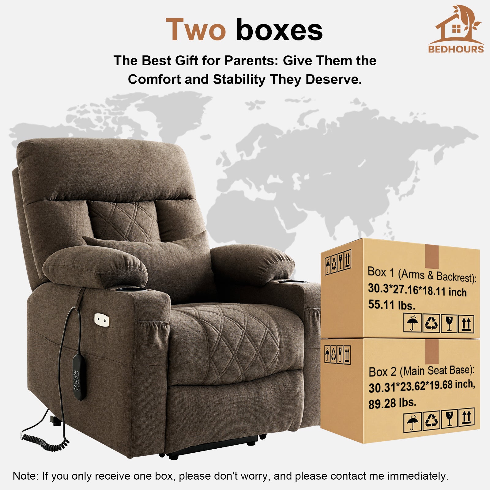TEKAMON Power Lift Recliner Chair for Elderly - Adjustable Headrest, Three Motor, Infinite Positions, Built-in Massage and Heating, USB Ports, Cup Holders - Brown