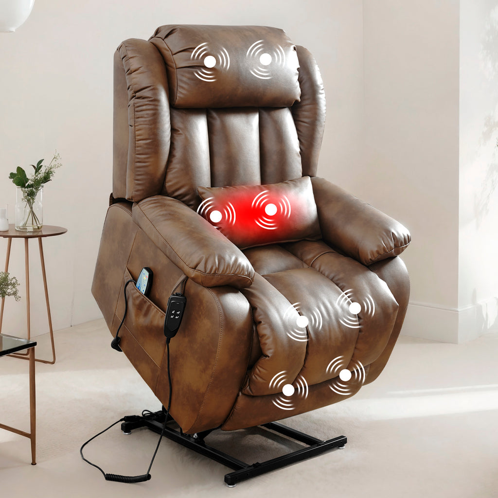 TEKAMON Infinite Position Lift Recliner Chair for Elderly with Heat Massage and Extended Footrest Lay Flat Sleeping Leather Dual Motor Power Lift Chair for Living Room (Ochre)