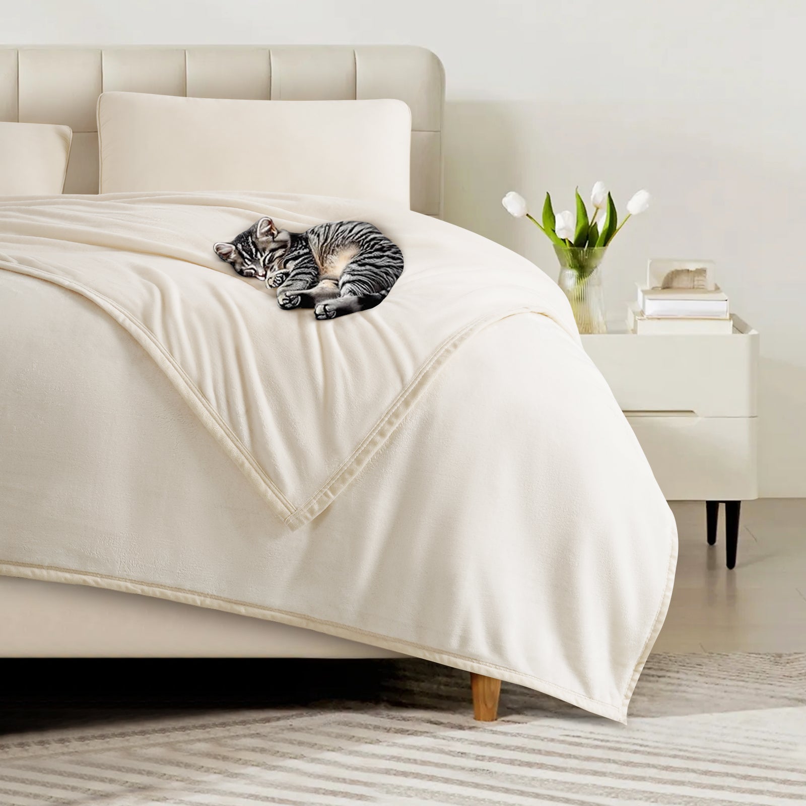 TEKAMON Fleece Bed Blankets King Size Plush Fuzzy Soft Lightweight Breathable Reversible Blanket Microfiber, 90"x108", Ivory