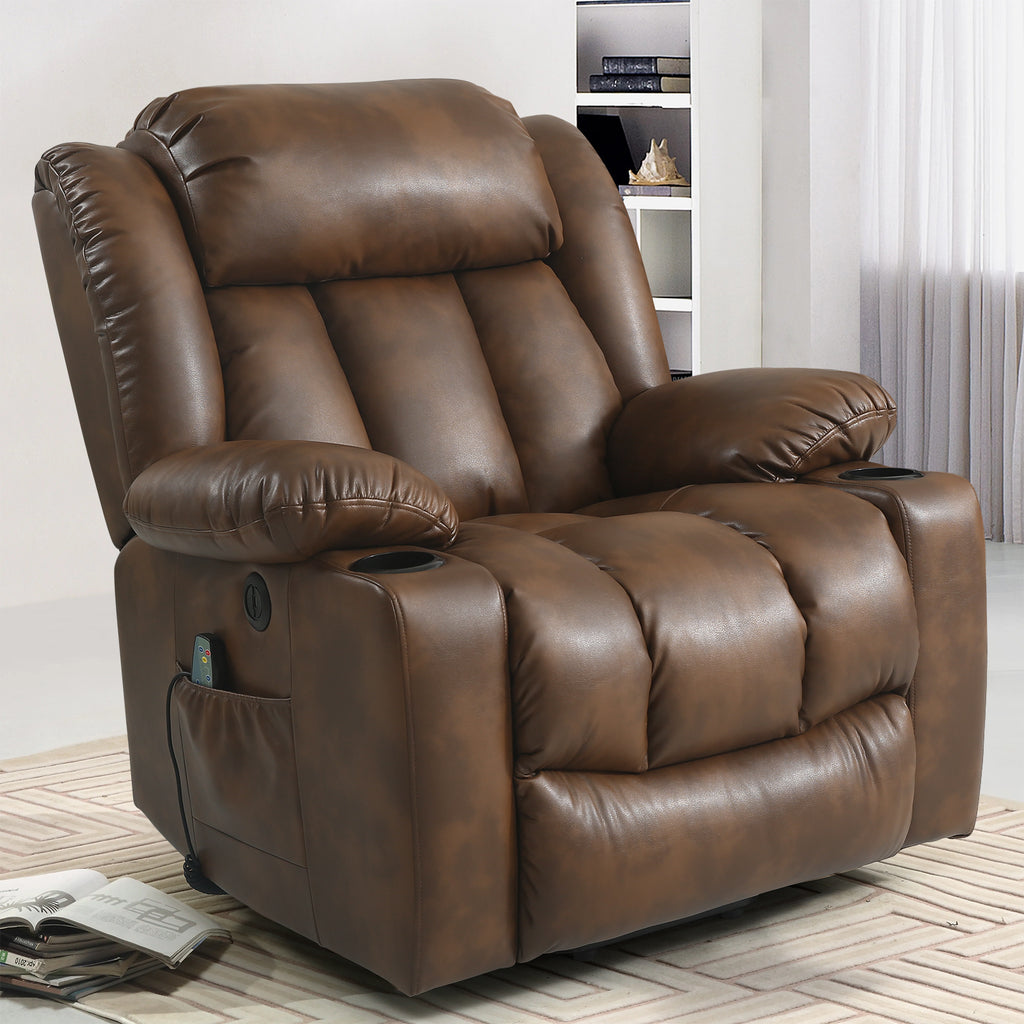 TEKAMON Large Power Lift Recliner Chair for Elderly with Heat and Massage Leather Electric Recliners Chair For Living Room with Cup Holders, Remote Control (Ochre)