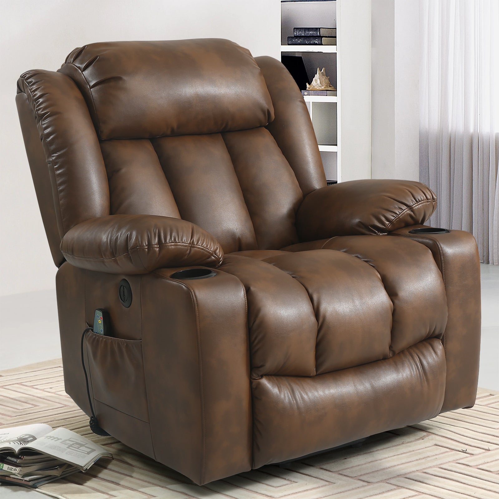 TEKAMON Large Power Lift Recliner Chair for Elderly with Heat and Massage Leather Electric Recliners Chair For Living Room with Cup Holders, Remote Control (Ochre)