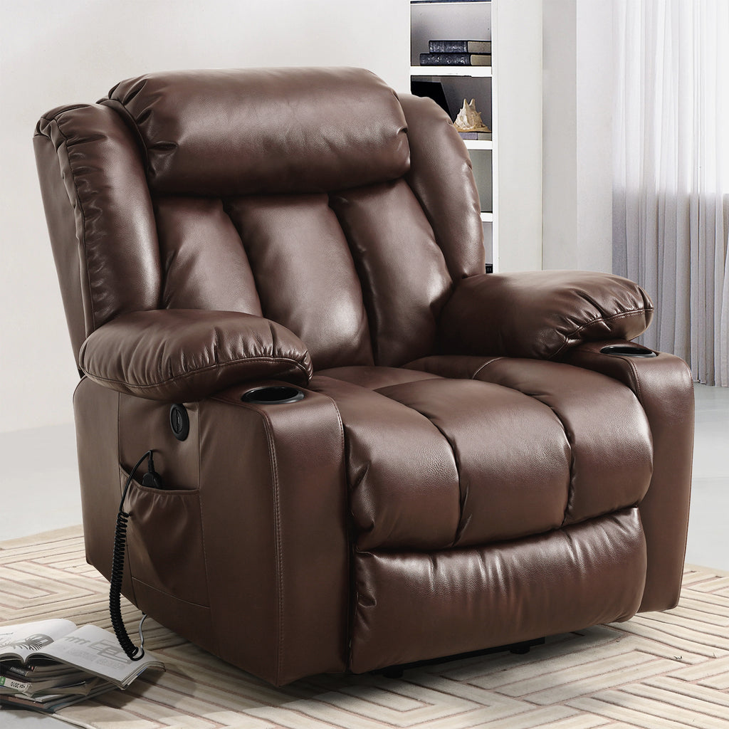 TEKAMON Infinite Position Lift Recliner Chair for Elderly with Heat Massage and Extended Footrest Lay Flat Sleeping Leather Dual Motor Power Lift Chair for Living Room (Brown)