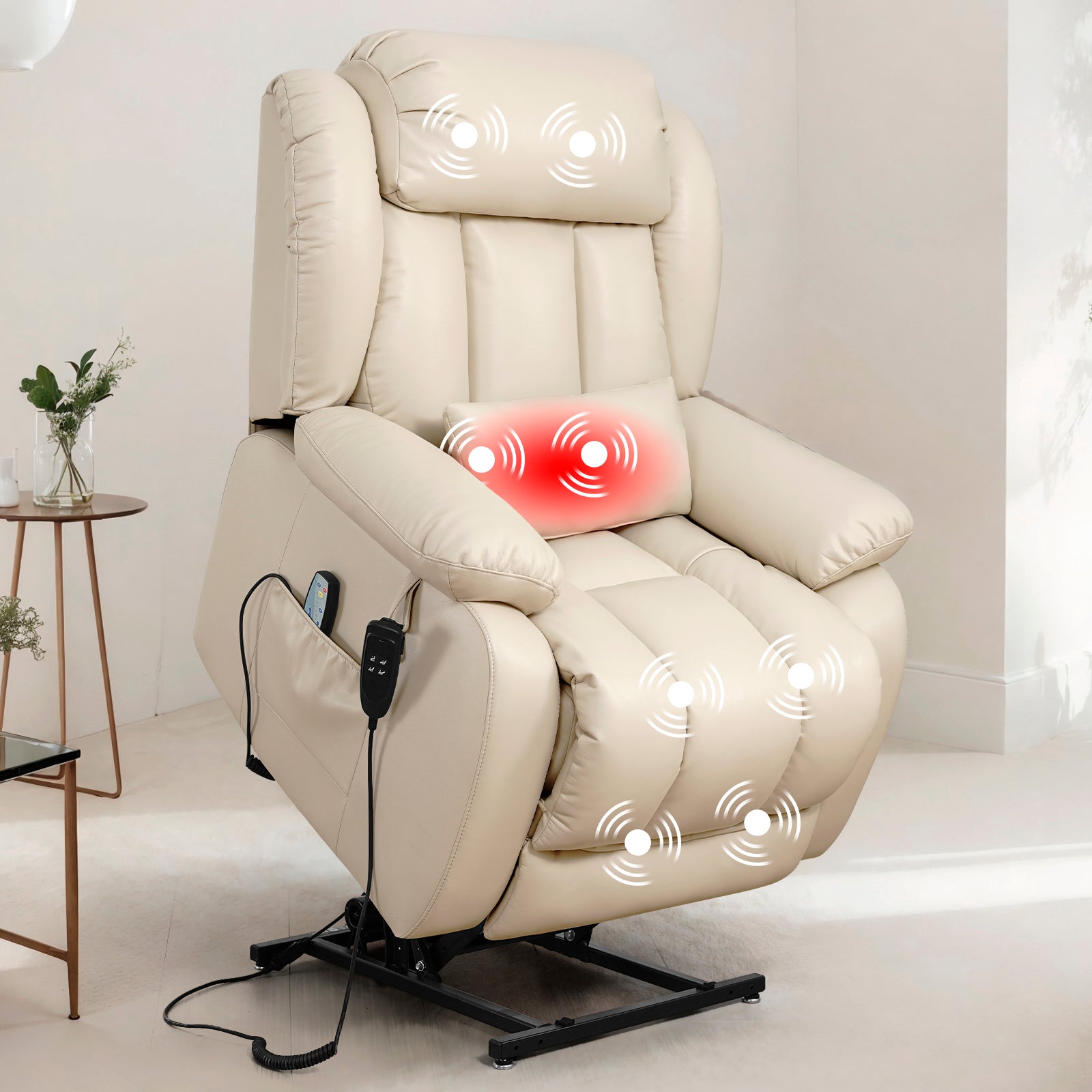 TEKAMON Infinite Position Lift Recliner Chair for Elderly with Heat Massage and Extended Footrest Lay Flat Sleeping Leather Dual Motor Power Lift Chair for Living Room (Beige)