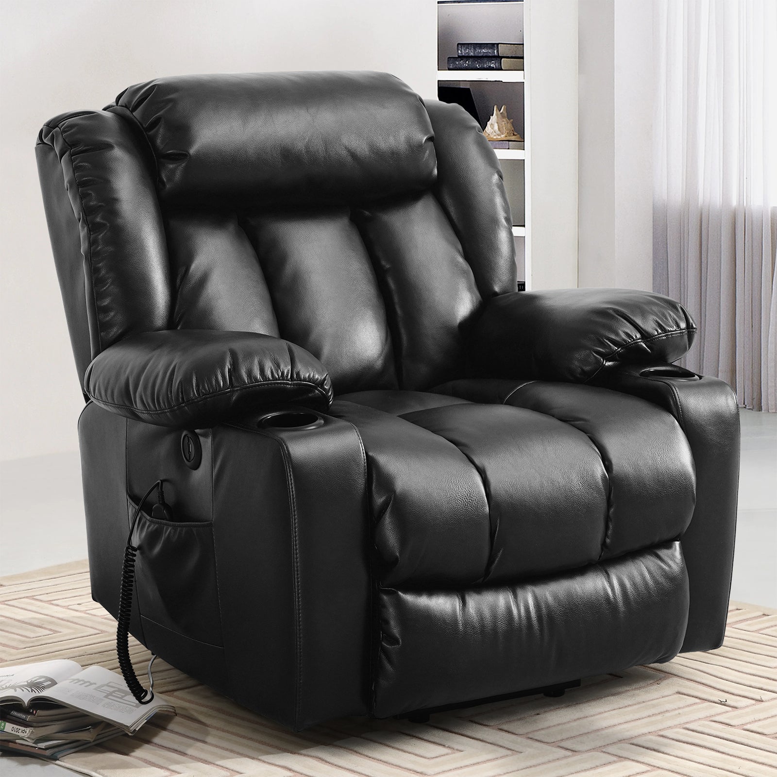 TEKAMON Large Power Lift Recliner Chair for Elderly with Heat and Massage Leather Electric Recliners Chair For Living Room with Cup Holders, Remote Control (Black)