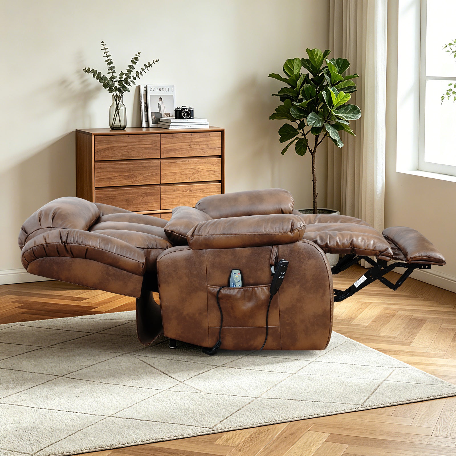 TEKAMON Infinite Position Lift Recliner Chair for Elderly with Heat Massage and Extended Footrest Lay Flat Sleeping Leather Dual Motor Power Lift Chair for Living Room (Ochre)