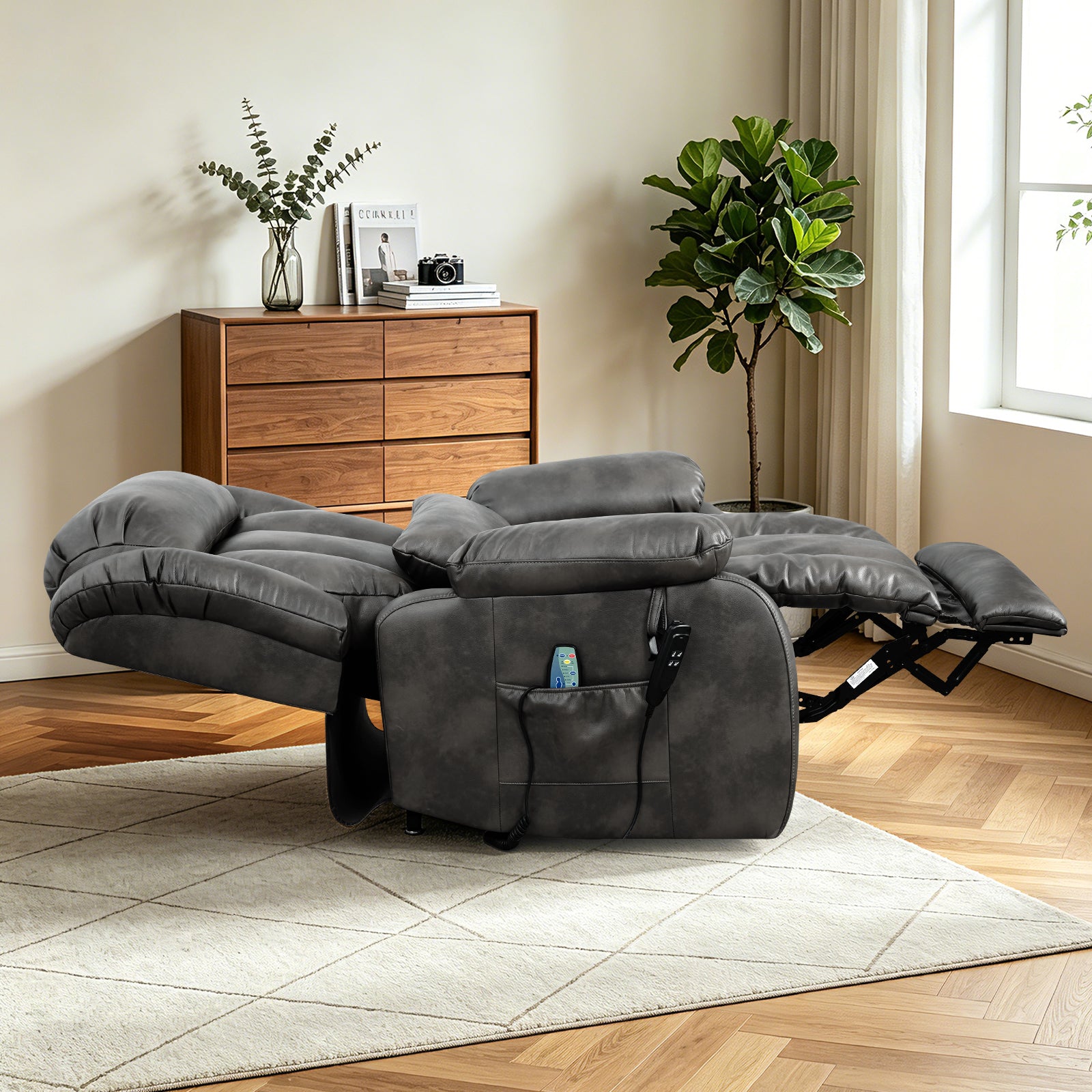 TEKAMON Infinite Position Lift Recliner Chair for Elderly with Heat Massage and Extended Footrest Lay Flat Sleeping Leather Dual Motor Power Lift Chair for Living Room (Grey)