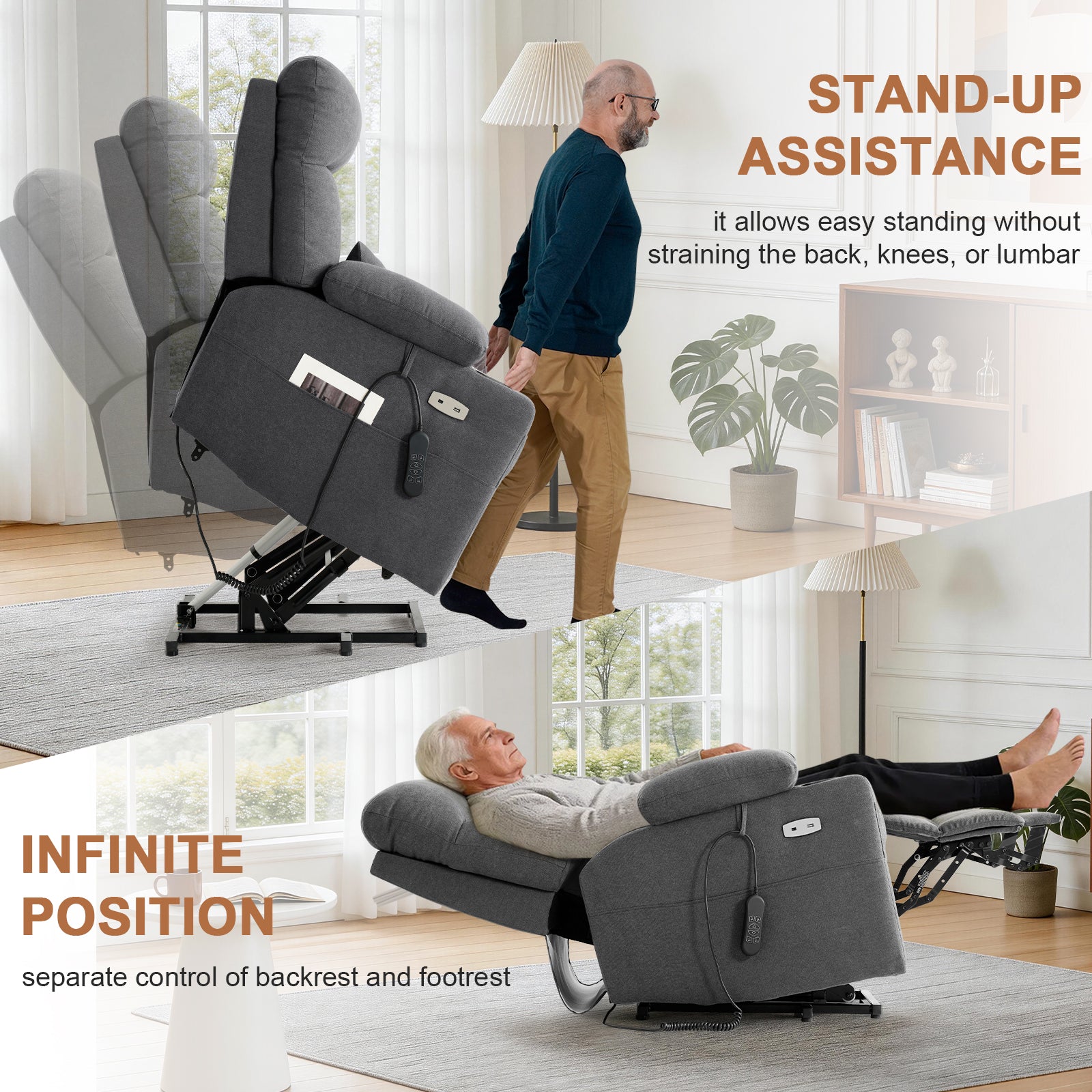 TEKAMON Power Lift Recliner Chair for Elderly - Adjustable Headrest, Three Motor, Infinite Positions, Built-in Massage and Heating, USB Ports, Cup Holders - Dark Grey