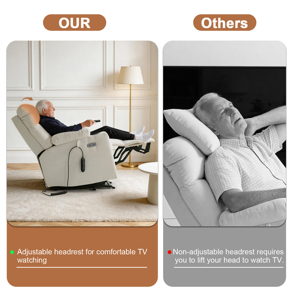 TEKAMON Power Lift Recliner Chair for Elderly - Adjustable Headrest, Three Motor, Infinite Positions, Built-in Massage and Heating, USB Ports, Cup Holders -Ivory Rice