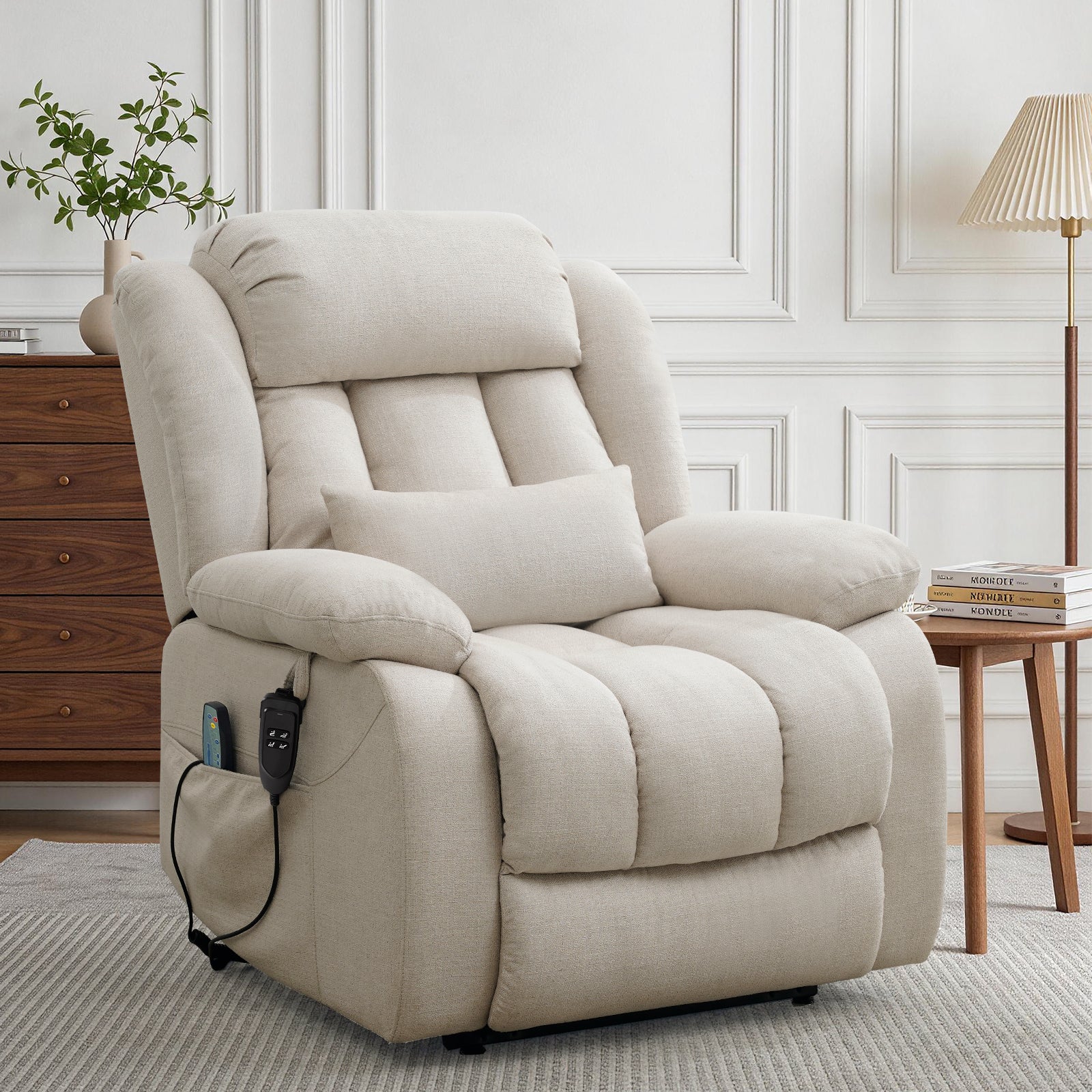 TEKAMON Infinite Position Lift Recliner Chair for Elderly with Heat and Massage Lay Flat Sleeping Power Lift Chair, Linen Fabric, Beige