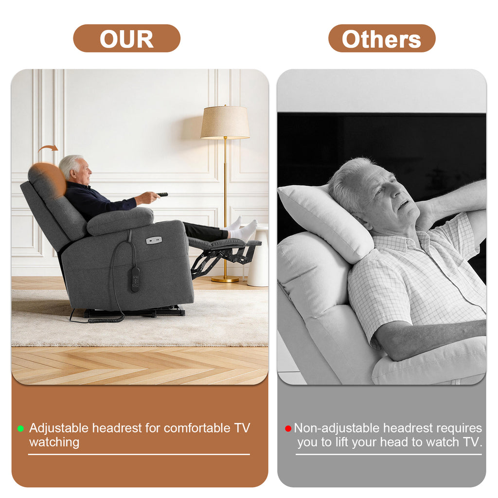TEKAMON Power Lift Recliner Chair for Elderly - Adjustable Headrest, Three Motor, Infinite Positions, Built-in Massage and Heating, USB Ports, Cup Holders - Dark Grey