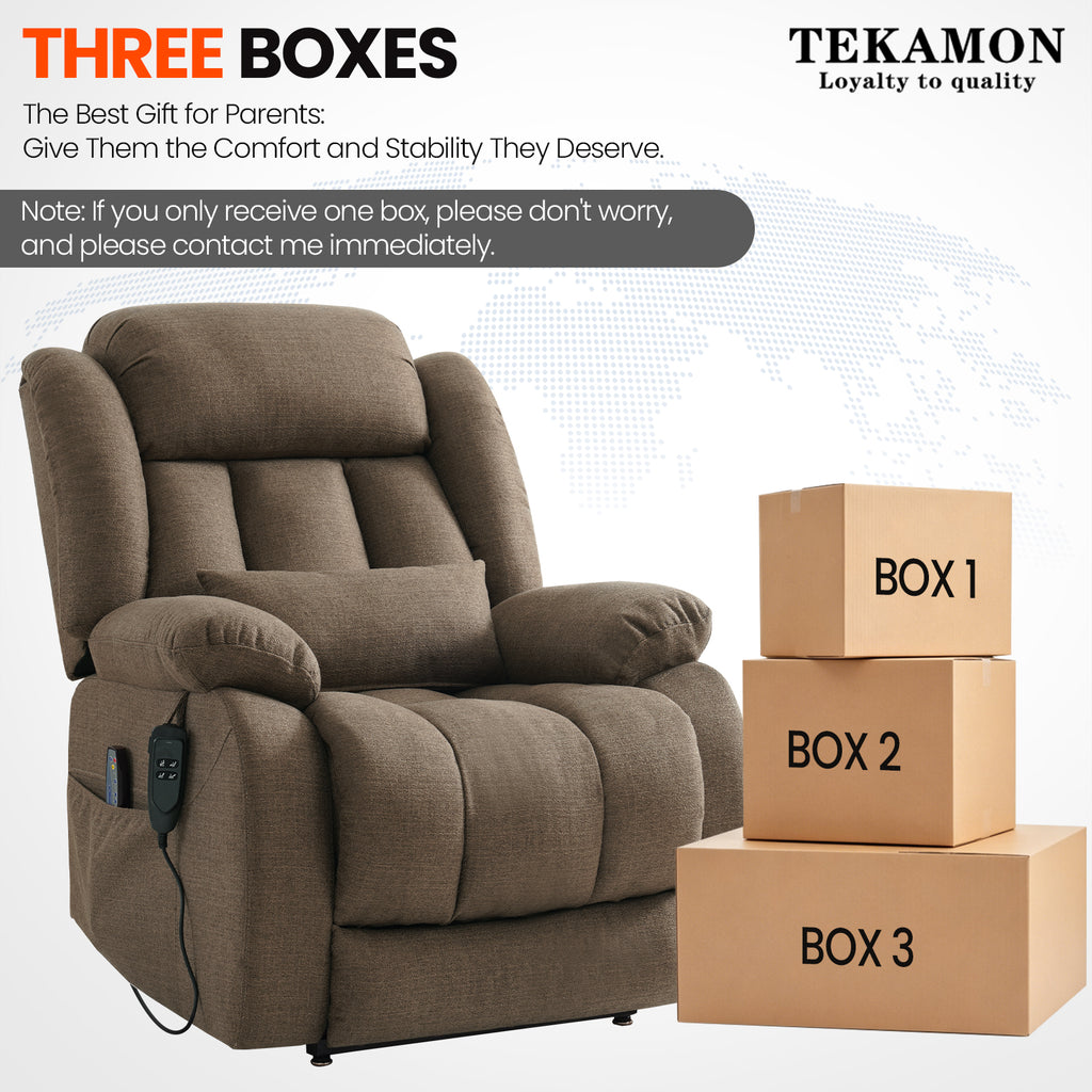 TEKAMON Infinite Position Lift Recliner Chair for Elderly with Heat and Massage Lay Flat Sleeping Power Lift Chair, Linen Fabric, Brown