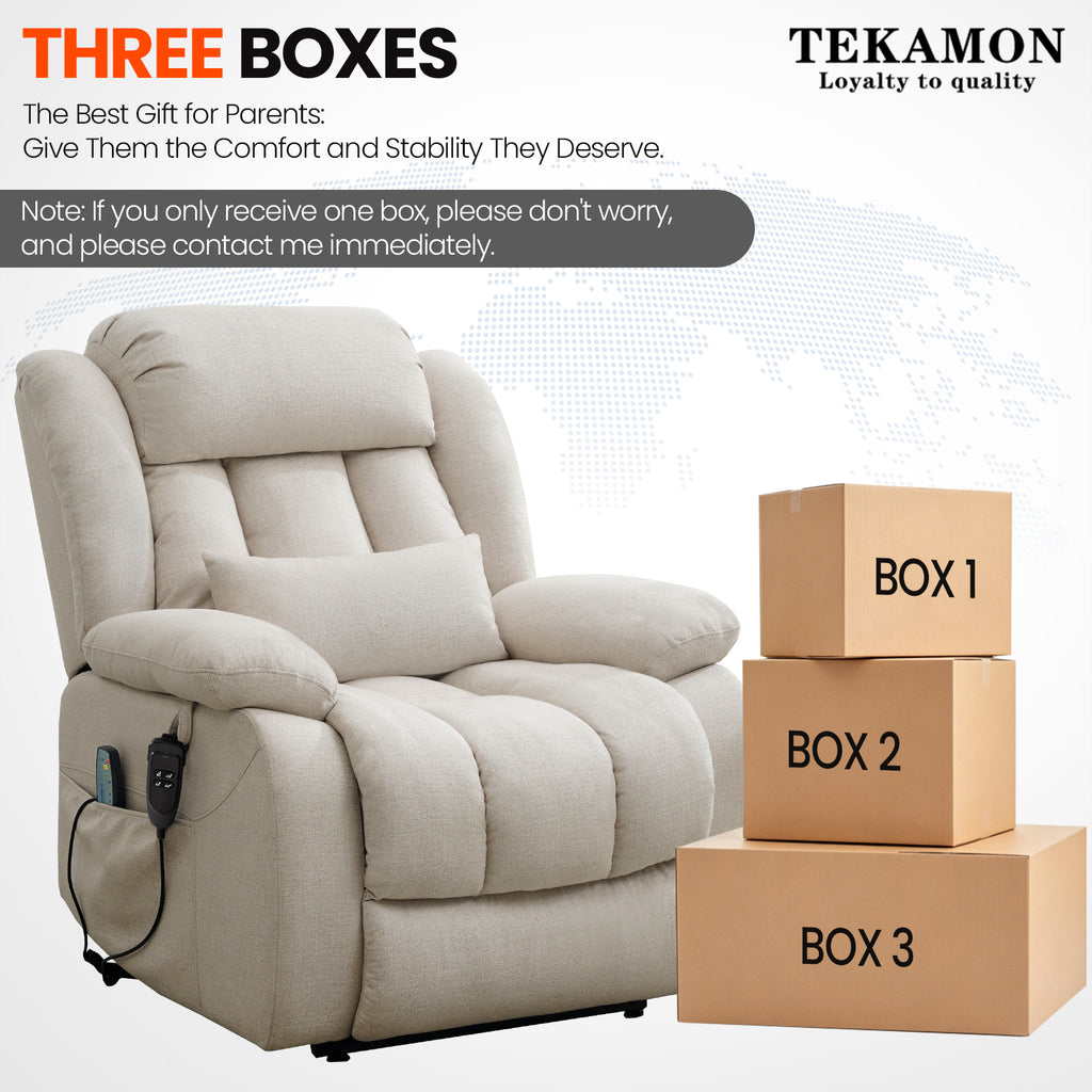 TEKAMON Infinite Position Lift Recliner Chair for Elderly with Heat and Massage Lay Flat Sleeping Power Lift Chair, Linen Fabric, Beige