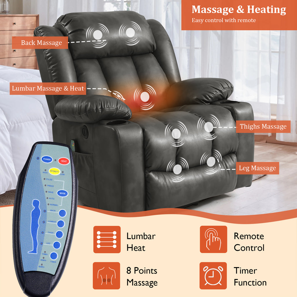 TEKAMON Large Power Lift Recliner Chair for Elderly with Heat and Massage Leather Electric Recliners Chair For Living Room with Cup Holders, Remote Control（gray）