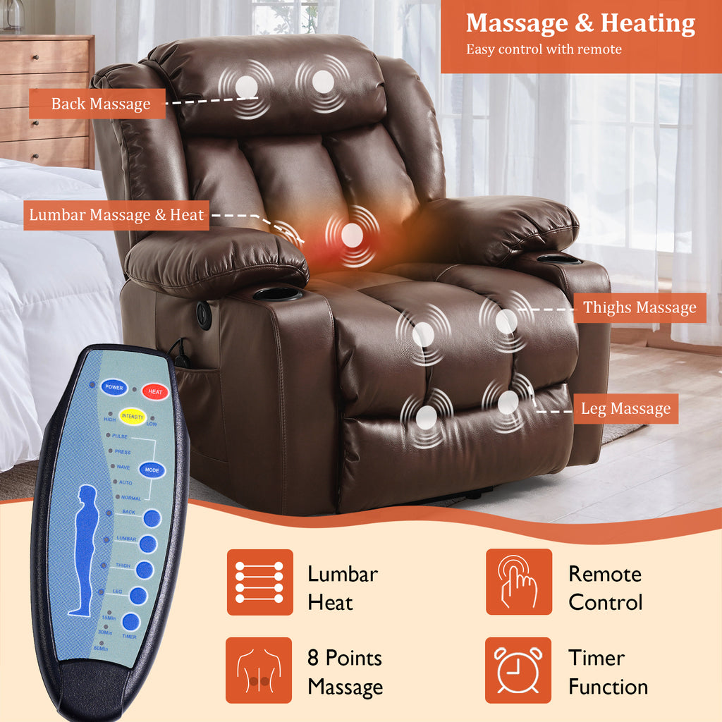 TEKAMON Infinite Position Lift Recliner Chair for Elderly with Heat Massage and Extended Footrest Lay Flat Sleeping Leather Dual Motor Power Lift Chair for Living Room (Brown)